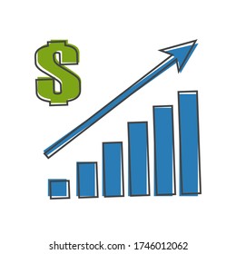 Imagen vectorial de un gráfico de crecimiento financiero. Icono de recaudación de fondos, aumento de dinero. Las ventas aumentan el estilo de dibujos animados sobre fondo blanco aislado.