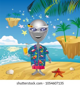 Vector image of a cheerful alien in virtual reality glasses and Hawaiian shirt on a Sunny beach