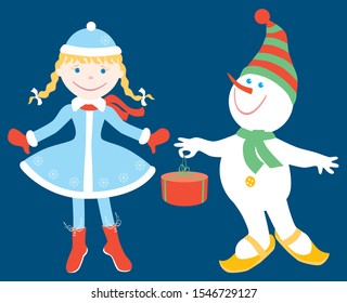 Vector image of cheerful cartoon Snow maiden and snowman with gift 