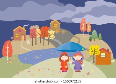 Vector image of cheerful children under umbrella strolling in their village on autumn rainy day