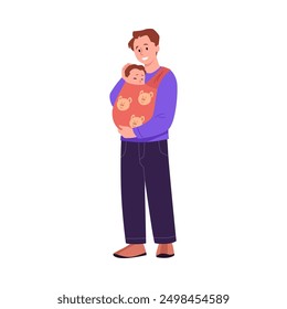 Vector image of a cheerful dad with a baby in a carrier, emphasizing safe and easy movement with the baby. Full length character isolated for family projects in flat style.