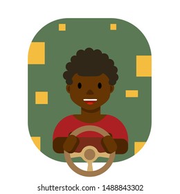 Vector image. Cheerful guy driver with short black curly hair, dressed in a red T-shirt. Vector illustration. Clip art.