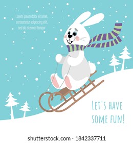 Vector image of a cheerful hare on a sled. The hare rides a sled down a hill.