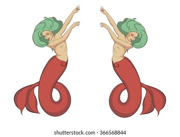 vector image cheerful mermaid in red