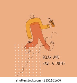 
Vector image, Cheerful picture with a coffee lover, relax and drink coffee