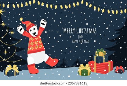 Vector image of a cheerful polar bear. Merry Christmas and Happy New Year greetings.
