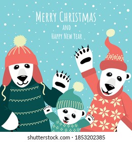 Vector image of cheerful polar bears. Merry Christmas and happy new year text.