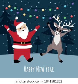 Vector image of cheerful santa claus and deer. Happy New Year. Design elements for cards, flyers, banners.