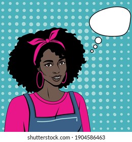 Vector image of a cheerful young girl in pop art style. Beautiful African American woman smiling.