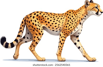 Vector image of a cheetah walking alertly on a clean white background.