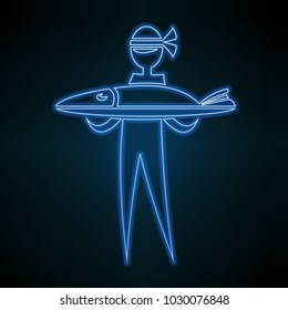 Vector Image chef cook stick figure and cooked them meals Eastern, Japanese, Korean, fish; sturgeon; a tray; a fish dish; tuna; fish carcass stuffed with fish neon, glow, shine, neon line, continuous