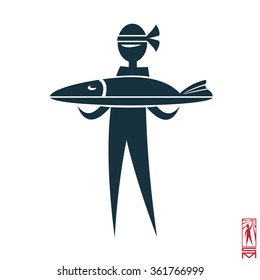 Vector Image chef cook stick figure and cooked them meals Eastern, Japanese, Korean, fish; sturgeon; a tray; a fish dish; tuna; fish carcass stuffed with fish