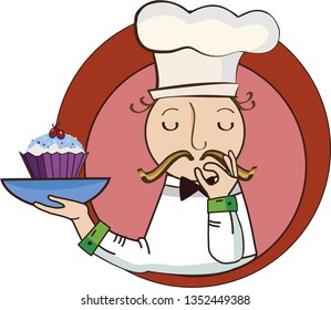 A vector image of a chef who holds a cupcake on a tray and shows the second hand how it is. Use in the production of goods, clothing and art objects
Use in website templates or print projects