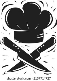 Vector image of a chef's hat and knives. Black and white illustration for decoration and print on the wall. Cooking concept
