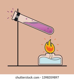 Vector image of a chemical reaction. The combustion process, heating. The flask, test tube is heated above the fire of a spirit lamp, a burner. Chemistry, medicine, biology. Process evaporation.