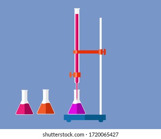 Vektorbild der chemischen Titration mit Buratte und Conical Kolben auf blauem Hintergrund. Burrat und Conical Flasche ist ein übliches und essenzielles Gerät in chemischen Laboratorien, das zur volumetrischen Titration verwendet wird