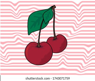 Vector image of cherries against the background of pink wavy stripes