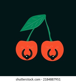Imagen vectorial de cerezas con perforaciones. Agujero penetrando en un fondo oscuro
