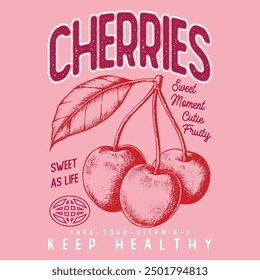 vector image of cherries written cherry sweet moment print style. Vector for silkscreen, dtg, dtf, t-shirts, signs, banners, Subimation Jobs or for any application. vintage graphics print art,