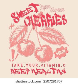 vector image of cherries written cherry sweet moment print style. handwriting text slogan. vintage graphics print art, women's fashion design for fruit print trend, summer t-shirt design, sweatshirt