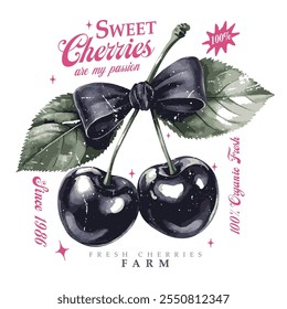 vector image of cherries written cherry sweet moment print style. Vector for silkscreen, dtg, dtf, t-shirts, signs, banners, Subimation Jobs or for any application. vintage graphics print art,