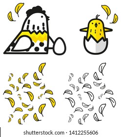 Vector image of chicken with egg, chicken and feathers