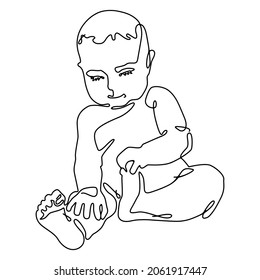Vector image of a child with a black outline. The baby is sitting. Naked. The art of the face line. For fashion and design.