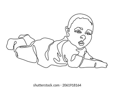Vektorbild eines Kindes mit schwarzer Umrisslinie. Baby liegt auf dem Bauch. Die Kunst der Linie. Für Grafikdesign. Aktuelles Design.