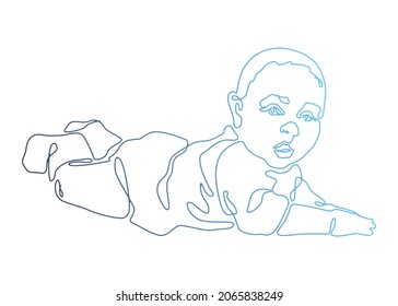 Vector image of a child with a black outline. Baby lying on his stomach. The art of the line. For graphic design. Current design. Boy