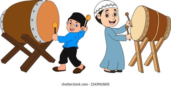 vector image of a child hitting the drum.