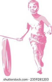 vector image of a child rolling a motorbike tire. with simple games the child looks very happy.