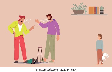vector image of child silhouette affected by domestic violence parents quarrel on pink background