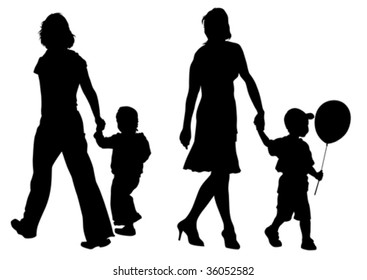 Vector image of children and parents to walk. Silhouettes on a white background