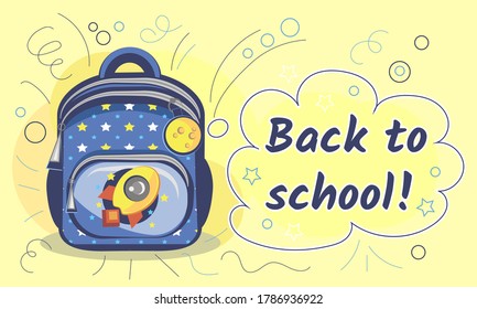 Vector image of a children's backpack on a background, a blue training bag for a boy, return to school with a backpack, blank for a school theme design, flyer, advertisement