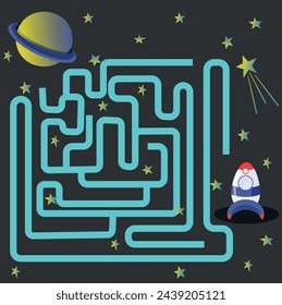 Vector image of a children's educational game maze. Space flight, help me find the way.