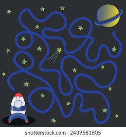 Vector image of a children's educational game maze. Space flight, help me find the way.