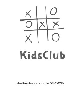 Imagen vectorial de un juego de niños Cruces y Zeroes sobre un fondo blanco. El dibujo se hace a mano. Logo, banner, web, publicidad para un club infantil, tienda de juegos y juguetes, zona de juegos, cursos educativos.