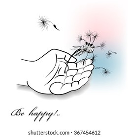 Vector image of children's hands with a flower of a dandelion on a white background. The symbol of childhood, adolescence and youth. EPS 10.