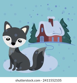 Vector image of a children's illustration. A cute little wolf in a winter fairy tale.