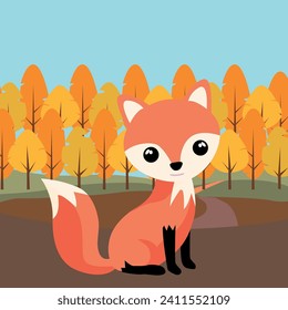 Vector image of a children's illustration. A fox on the edge of the autumn forest.