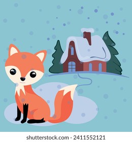 Vector image of a children's illustration. A fox in a winter fairy tale at the hut.