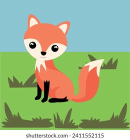 Vector image of a children's illustration. A red fox in a green forest clearing.