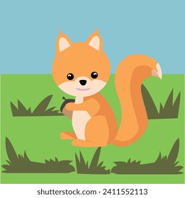 Vector image of a children's illustration. A squirrel with a nut in a green forest clearing.