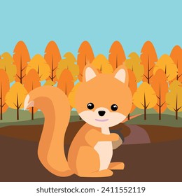 Vector image of a children's illustration. A squirrel with a nut on the edge of the autumn forest.