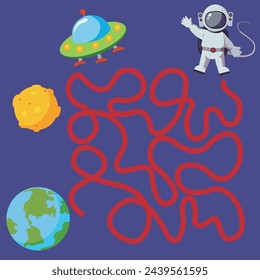 Vector image of a children's maze. Help an astronaut find his way in space.