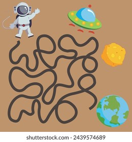 Vector image of a children's maze. Help an astronaut find his way in space.
