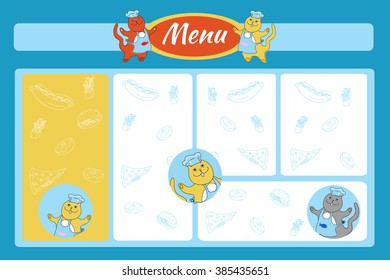 vector image of children's menu with cats, hot dog, hamburger, potatoes, pizza and donuts