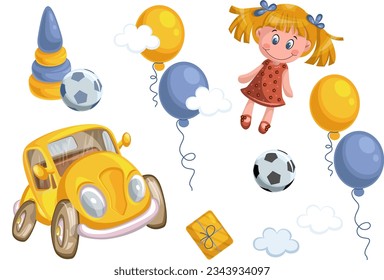 Vector image of a children's set with various toys that will suit both girls and boys. EPS 10