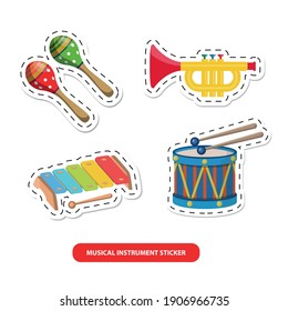 Vector image. Children's stickers of musical instruments. Drawing of maracas, drum, xylophone and trumpet.