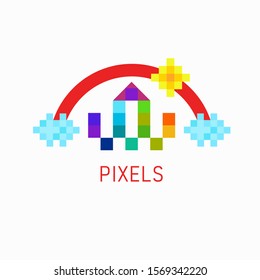 Vector image of a children's town, castle, house with towers of multi-colored geometric shapes and text. Logo of a kids city, children's zone, children's room, kindergarten, playground, toy store.